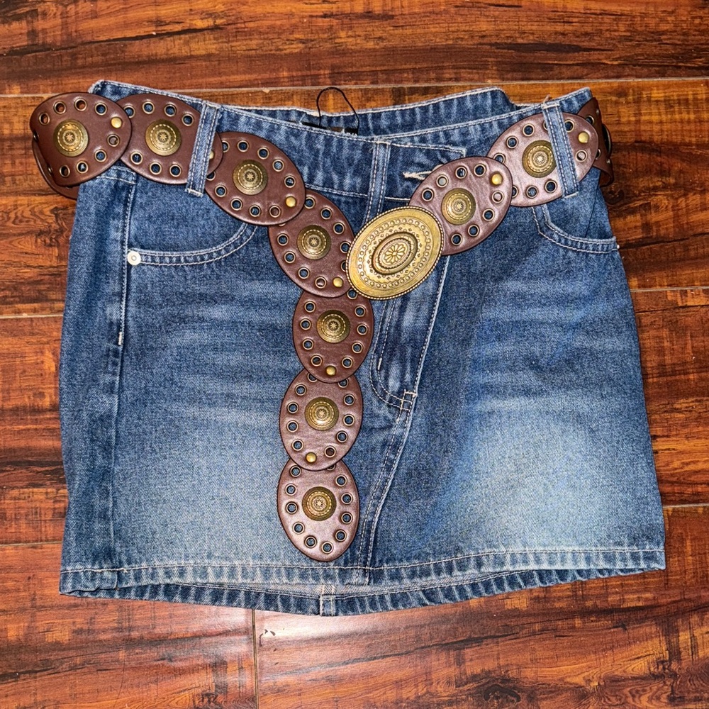 Denim skirt with Brown Leather Belt with Gold Accents